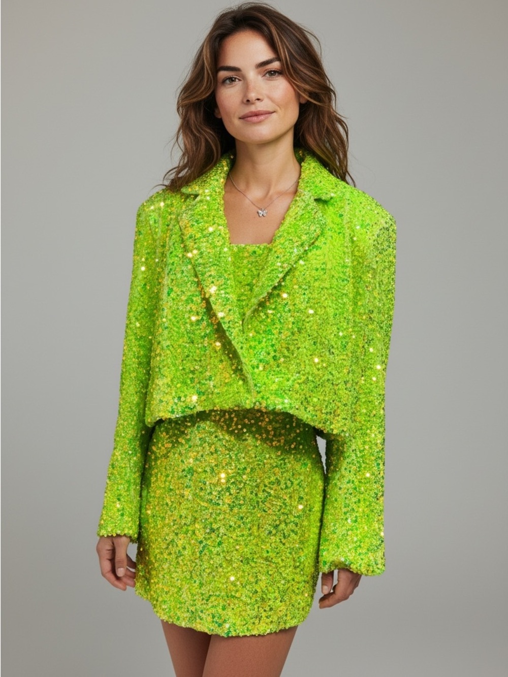 Nasty Gal Womens Neon Green Sequin 2 Piece Set Mini Dress 10 Blazer 12 Party NWT